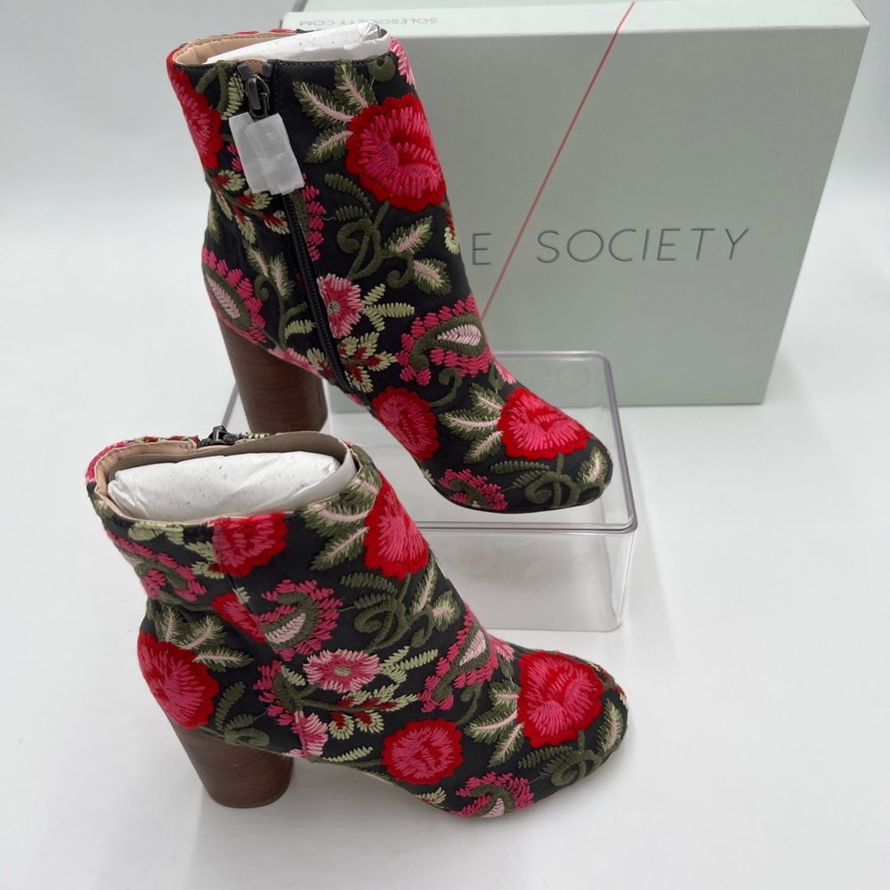 Sole Society Floral Embroidered Ankle Boots Black Pink Block Heel Women Size 5 - Picture 4 of 13